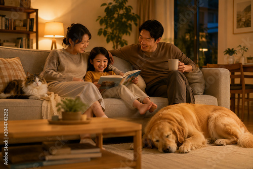 Asian Family Enjoying Cozy Evening with Dog and Cat at Home