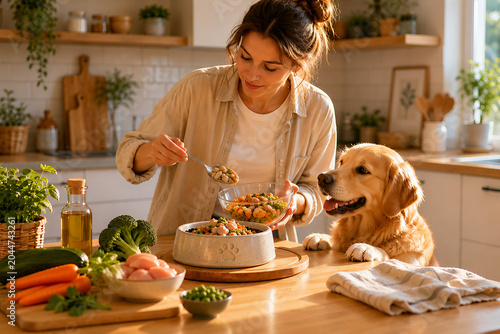 Pet Owner Preparing Nutritious Homemade Meal for Golden Retriever