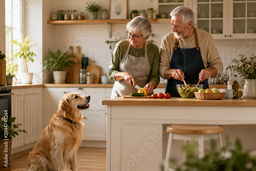 Senior Couple Preparing Healthy Meal with Golden Retriever in Cozy Kitchen