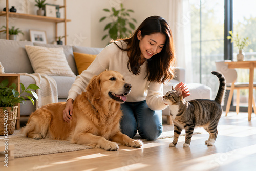 Asian Woman Bonding with Dog and Cat in Bright Modern Living Room