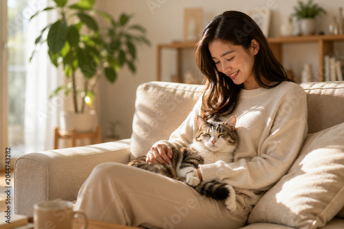 Young Asian Woman Relaxing with Tabby Cat on Cozy Sofa at Home