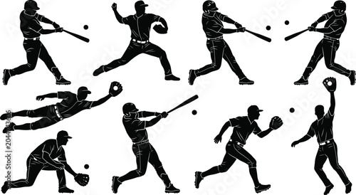 Foto Baseball player silhouette collection, softball athlete icons, sports team action, batting, pitching, catching, sliding, game competition, championship, athletic match
