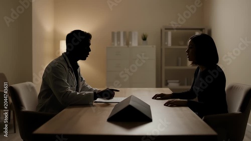 Doctor Consulting Female Patient in Dimly Lit Office Medical Consultation Women's Health