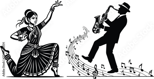 Photography Classical dancer and jazz saxophone player vector illustration, fusion of tradit
