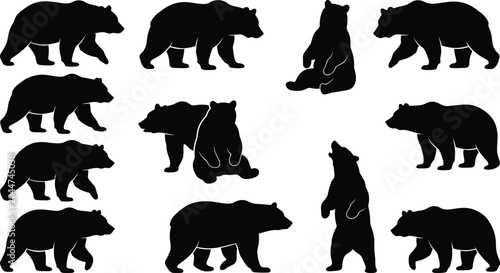 Fotografia Bear silhouette collection, grizzly and polar wildlife, brown forest animals, wild predator icons, nature fauna elements, mammal shapes, woodland, predator
