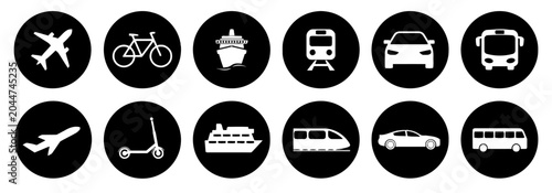 Transportation Icons Collection: Various modes of travel on black background
