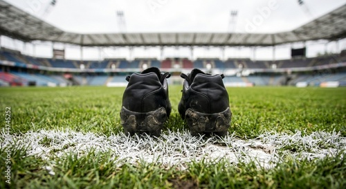 Soccer cleats rest on the sideline of an empty stadium, ready for the next match and representing the passion for the game