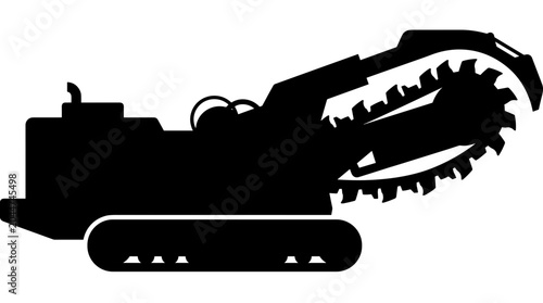 Silhouette of a powerful trench digging machine with a large rotating blade.