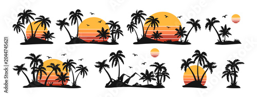 Tropical island sunsets with palm trees, vector graphics