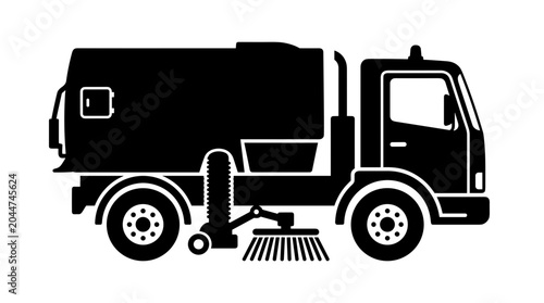 Silhouette of a street sweeper truck cleaning the road.