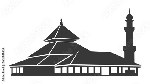 Silhouette of a traditional mosque with minaret and tiered roof.