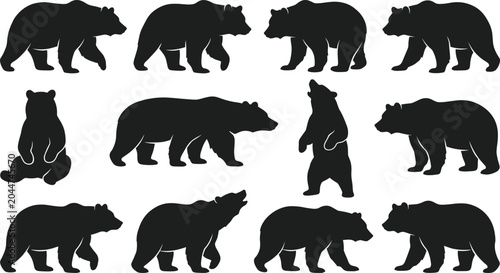 Fényképezés Bear silhouette collection, grizzly and polar wildlife, brown forest animals, wild predator icons, nature fauna elements, mammal shapes, woodland