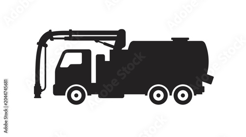 Silhouette of a vacuum truck with a hose and boom.