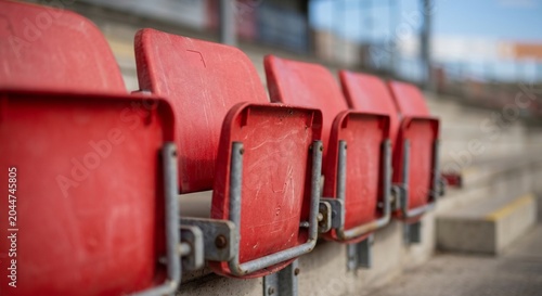 Vivid red empty stadium seats arranged in neat rows, quietly anticipating the roar of the crowd at a large outdoor sports arena or public event venue, highlighting the modern architecture
