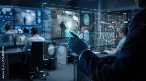 Detective’s hand analyzing holographic surveillance feeds and fingerprints in a dark cinematic command room, Gen by AI