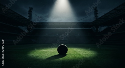 A solitary football rests on a brightly lit pitch within a large stadium at dusk, hinting at the anticipation of a thrilling match