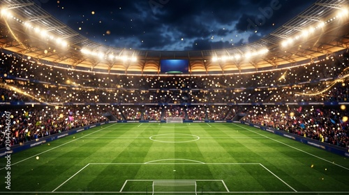Spectacular Sports Stadium Illuminated at Night, Ready for a Thrilling Game with a Packed Crowd and Dazzling Bright Lights Under a Dramatic Evening Sky