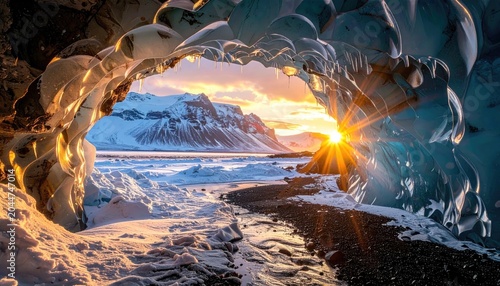 Glimmering ice cave frames sunset over snow-capped mountains