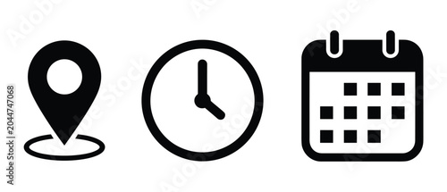 Location, Time, and Date Icons. A clean, graphic set of three essential icons representing a map pin for location, a clock for time, and a calendar for date, signifying planning, scheduling.