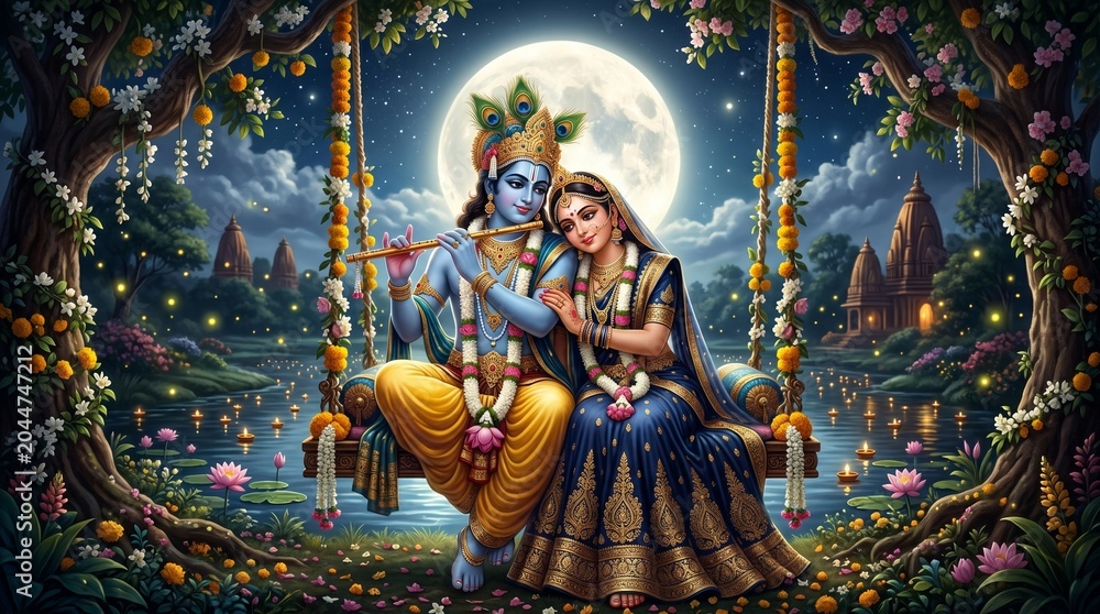 Fototapeta premium Divine Radha and Krishna sitting together on a floral swing under the full moon