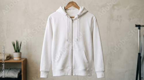 Blank White Zip-Up Hoodie Mockup Hanging on a Hanger in a Modern Office Interior