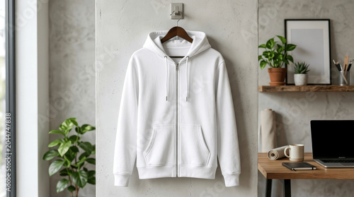Blank White Zip-Up Hoodie Mockup Hanging on a Hanger in a Modern Office Interior