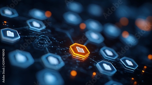 Digital document management system network featuring a highlighted orange hexagon file node among connected blue database icons representing secure cloud storage
