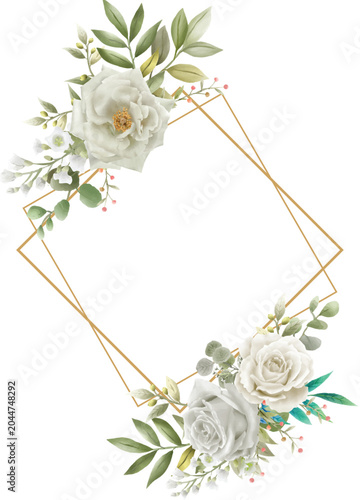 geometric gold frame decorated with white roses and botanical greenery