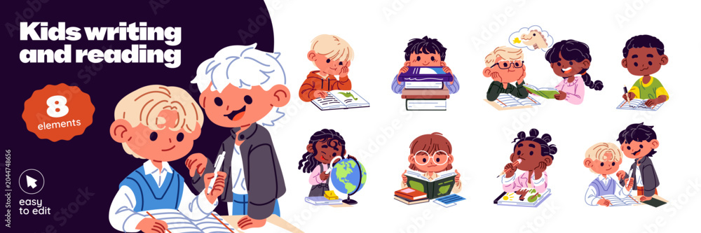 Naklejka premium Kids are writing and reading books set. Happy children are learning with textbooks. Cute little girls and boys enjoy child literature. Characters study. Flat isolated vector illustrations on white
