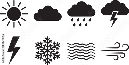 Weather icons, black silhouette symbols, rain cloud, sunny, snowflake, lightning bolt, wind, weather forecast graphics