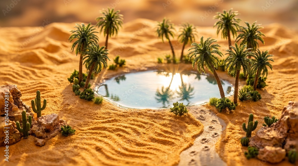 Fototapeta premium Desert Oasis Diorama with Crystal Water Pool and Palm Trees