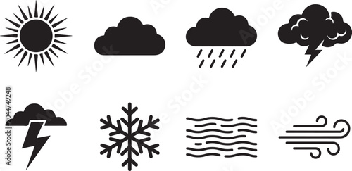 Weather icons, climate symbols, forecast signs, 8 black glyphs