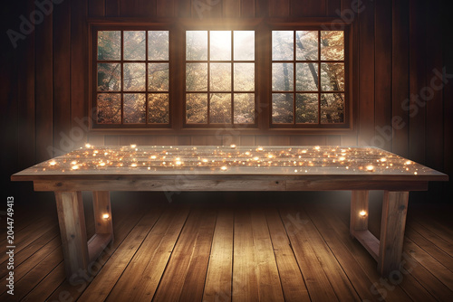 Empty Wooden Table by Sunlit Window – Rustic Interior Background