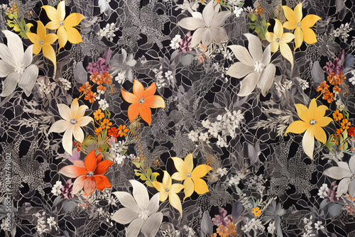 Colorful Floral Overlay on Black Background – Vibrant Botanical Art