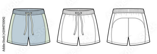 Curved Panel Track Shorts Technical Fashion Illustration. Unisex Athletic Running Shorts Vector Template. Front and Back View. Drawstring Elastic Waistband. CAD Mockup.