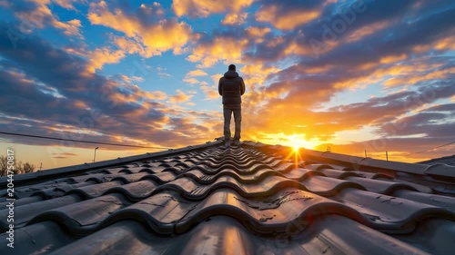 Person stands on rooftop during sunset with colorful sky and clouds in background