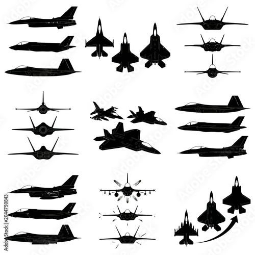 F-16 F-22 F-35 Fighter Jet Generation Comparison Silhouette Set