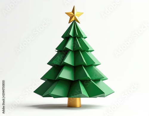 Stylized green Christmas tree with golden star and base, against white