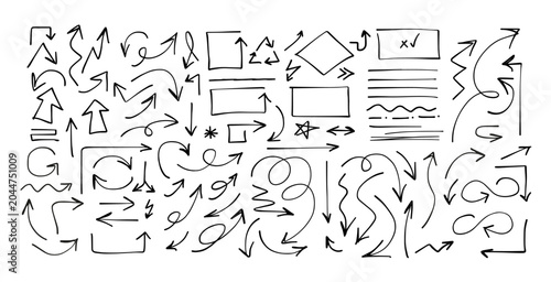 Hand drawn doodle arrows and frames set, sketch style direction pointers collection, line art vector elements for infographic, presentation, web design and UI
