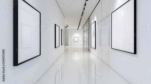 Minimalist white art gallery interior, clean sterile empty corridor, blank framed canvases and posters on both walls, elevated track lighting, spacious building with simple lines, bright and pure mode