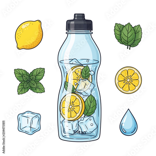 Foto Refreshing water bottle with lemon slices.