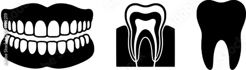 Foto Dental icons including a set of white healthy teeth, a molar with root and pulp, and a single tooth silhouette on a white background for medical and healthcare designs