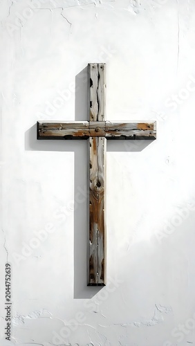 Weathered Wooden Cross Mounted on White Plaster Wall