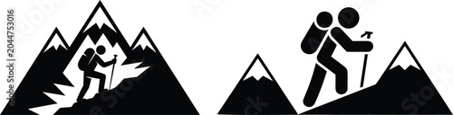 Mountain Climbing Silhouette, Hiking Adventure Icons, Outdoor Sport Vector Set, Mountaineering Adventure Collection, Hiking Silhouettes, Outdoor Activity Vector.