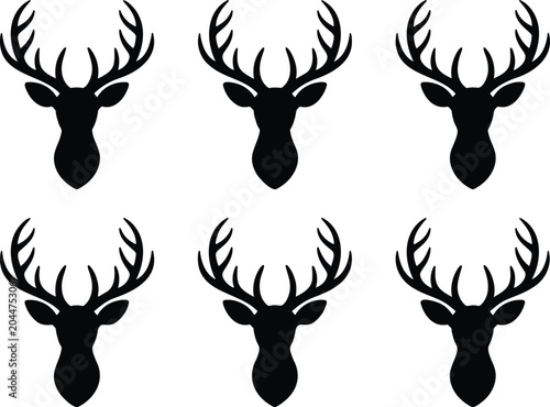 Deer Head Silhouette Set, Antler Trophy Icons, Wildlife Hunting Vector Collection, Stag Head Collection, Deer Antler Silhouettes, Woodland Animal Vector Set.
