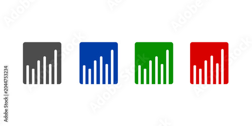 A set of four colorful bar chart icons, symbolizing growth, data statistics, and financial performance for professional business presentations and digital UI design.
