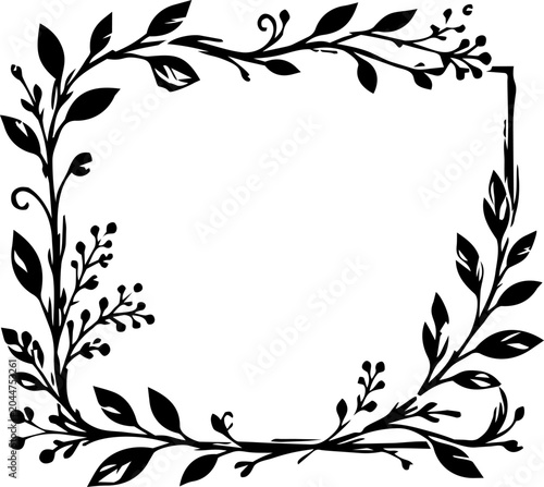Floral frame displays a rectangular border composed of hand-drawn black botanical leaves and stems surrounding an empty area for custom text.