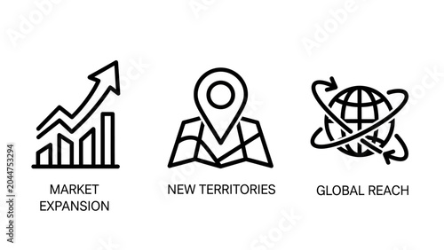 Market expansion and global reach strategy icons with expansion business international strategy territory development commerce performance logistics management planning corporate analysis