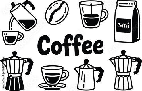 Coffee Icons Collection, Coffee Brewing Equipment Set, Cafe Vector Illustration, Coffee Elements Bundle, Espresso Brewing Icons, Coffee Shop Vector Collection