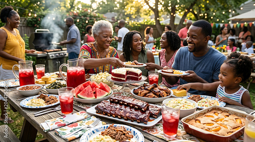 A joyous multi-generational Black family celebrating Juneteenth with a festive outdoor BBQ feast